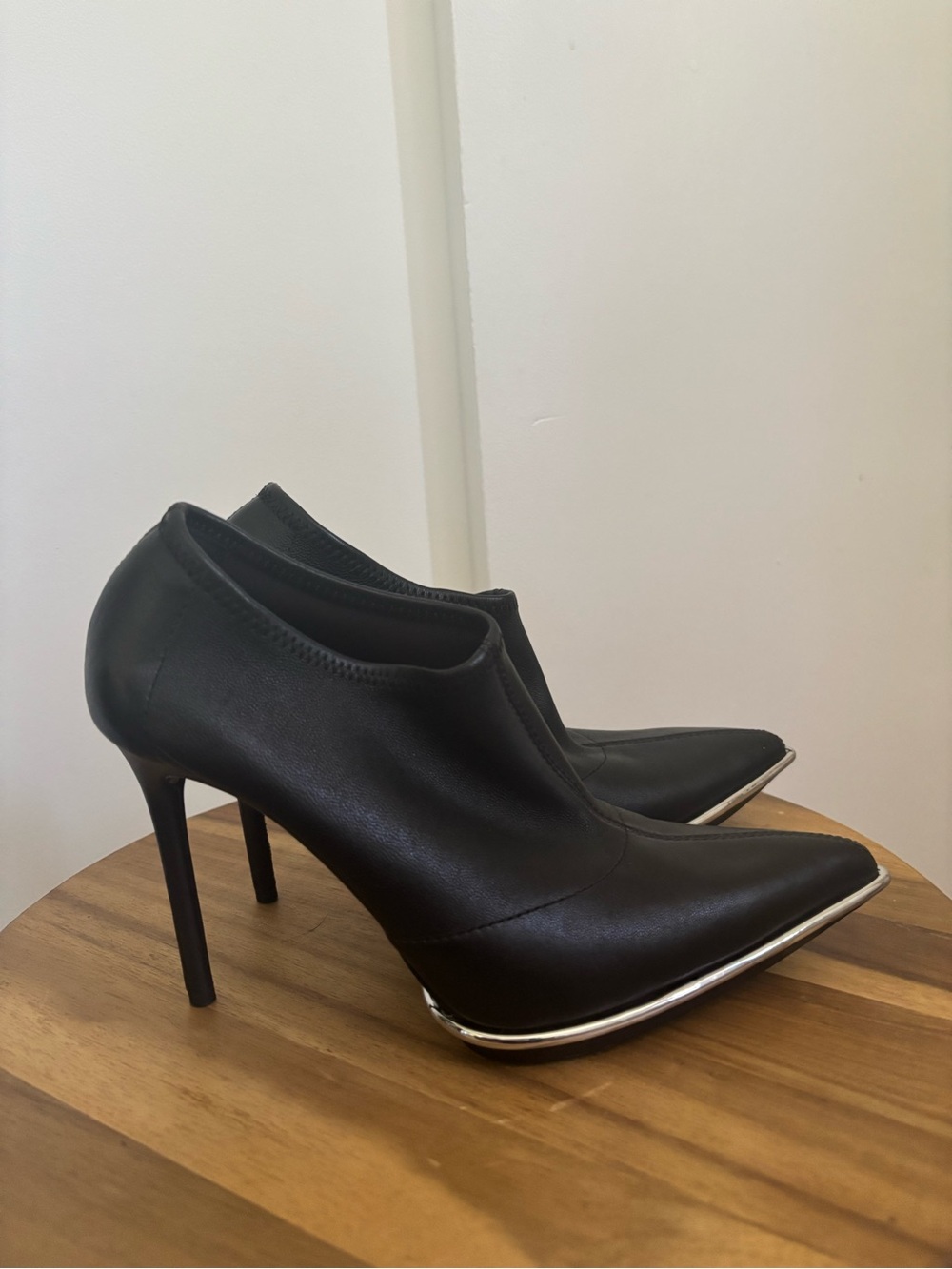 Alexander Wang Women's Black Pointed-Toe Stiletto Booties with Silver Trim